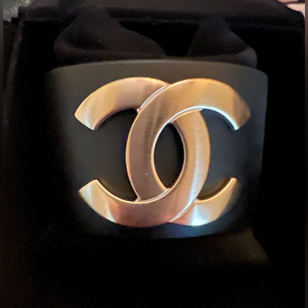 CHANEL Black Resin Cuff Bracelet with Gold-Tone CC Emblem